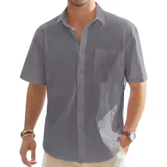 Men's Cotton Linen Short Sleeve Button Shirts with Pocket-3