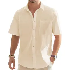 Men's Cotton Linen Short Sleeve Button Shirts with Pocket-2