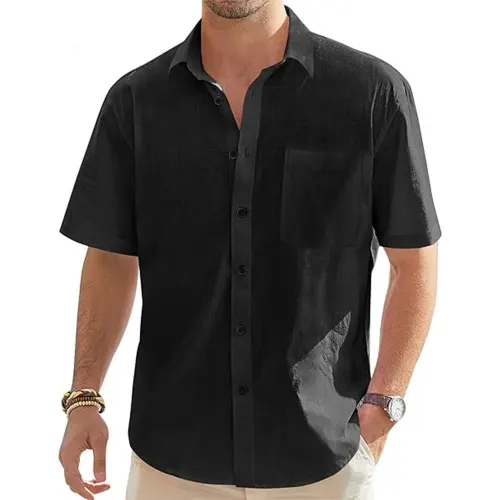 Men's Cotton Linen Short Sleeve Button Shirts with Pocket