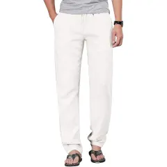 Men's Cotton Linen Drawstring Pants with Elastic Waist-3