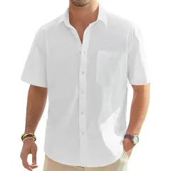 Men's Cotton Linen Short Sleeve Button Shirts with Pocket-4