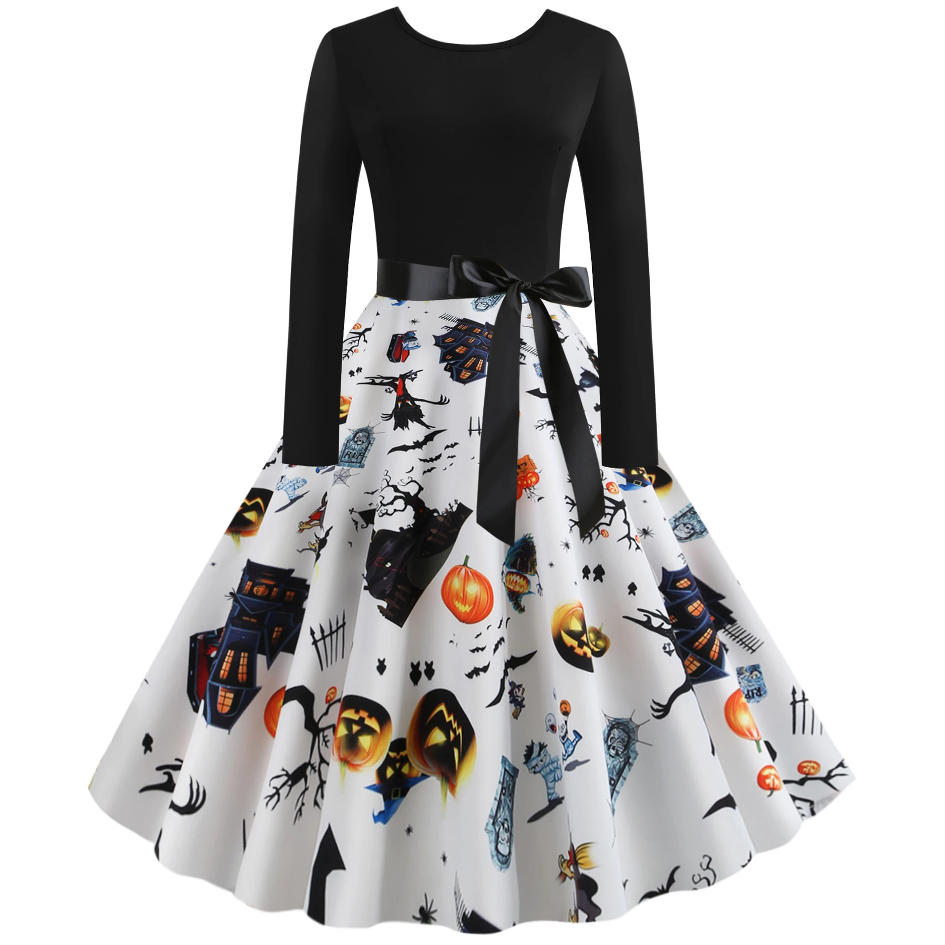 Women's Vintage Halloween Print Long Sleeve Fit and Flare Dress