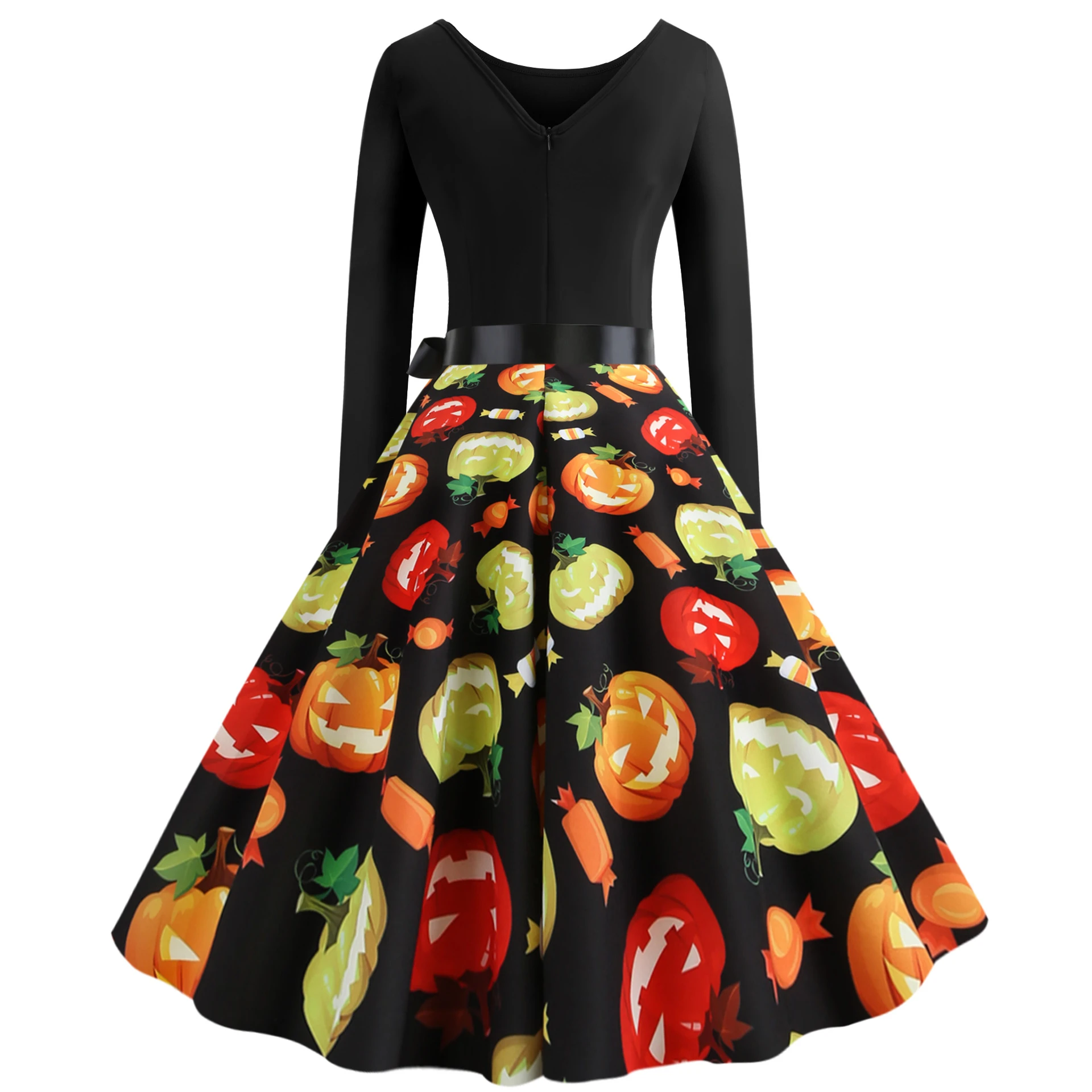 Women's Vintage Halloween Print Long Sleeve Fit and Flare Dress
