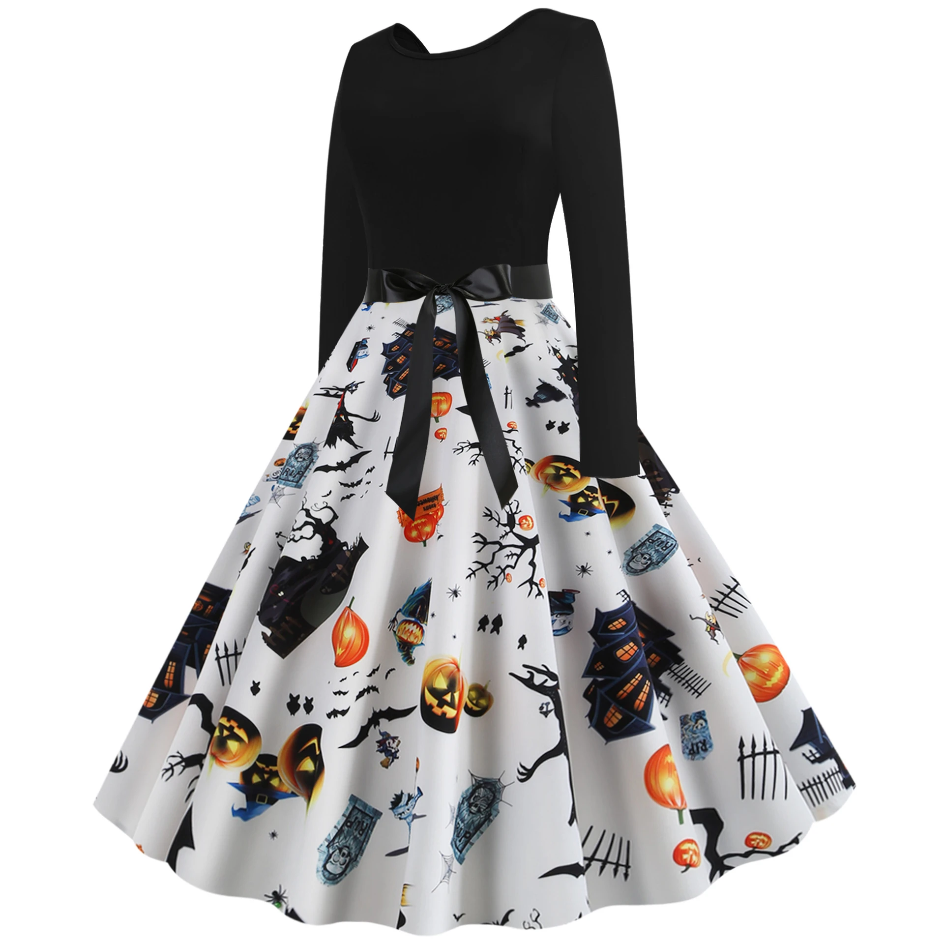 Women's Vintage Halloween Print Long Sleeve Fit and Flare Dress