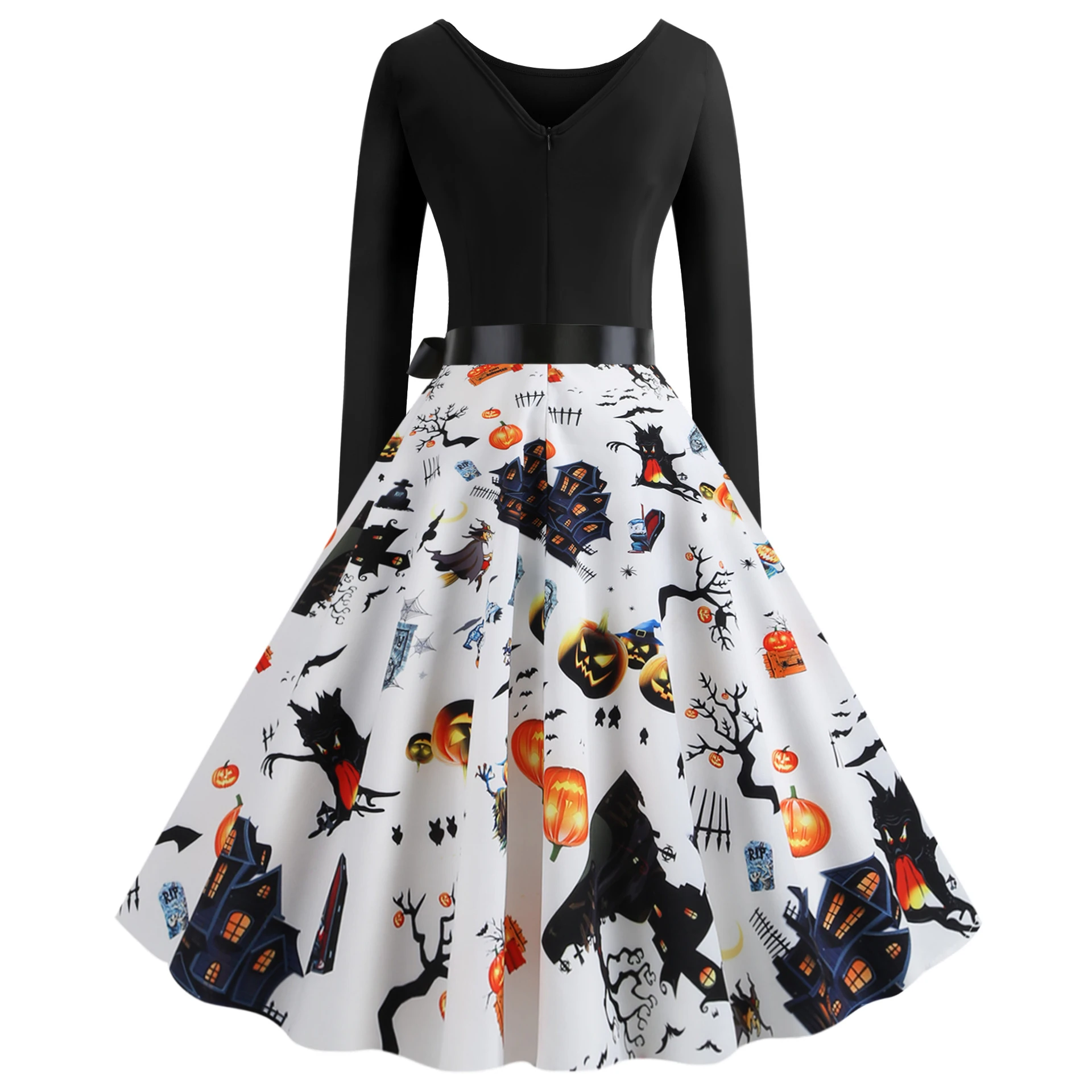 Women's Vintage Halloween Print Long Sleeve Fit and Flare Dress