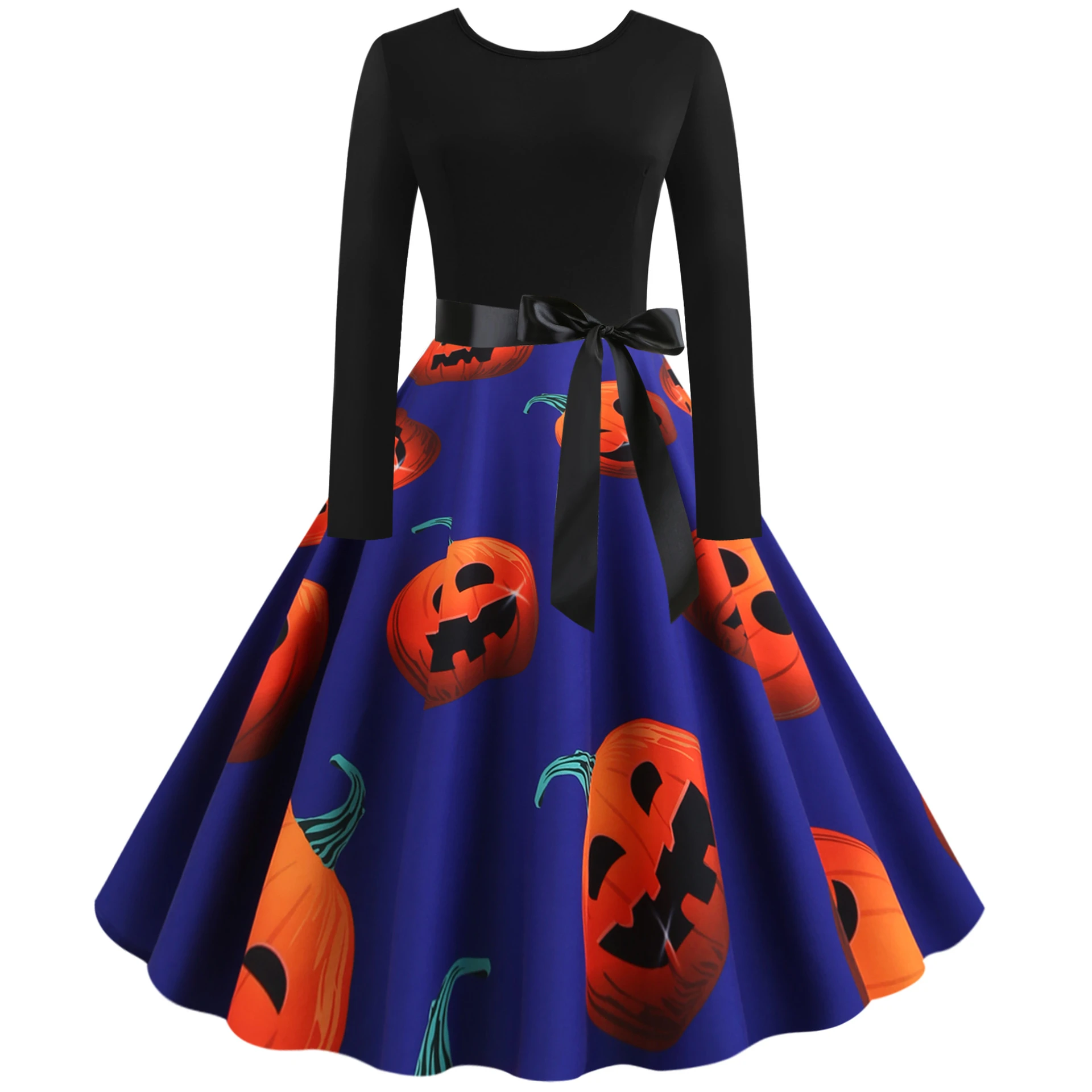 Women's Vintage Halloween Print Long Sleeve Fit and Flare Dress