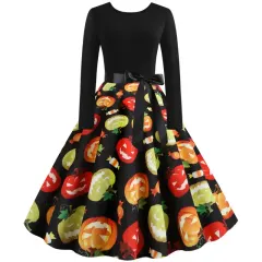Women's Vintage Halloween Print Long Sleeve Fit and Flare Dress-5
