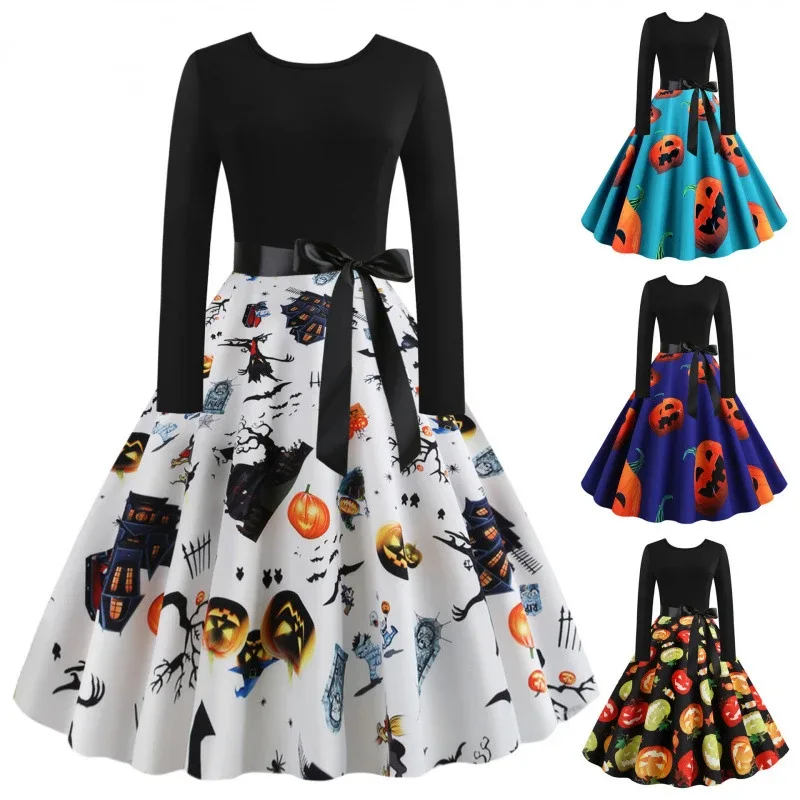 Women's Vintage Halloween Print Long Sleeve Fit and Flare Dress