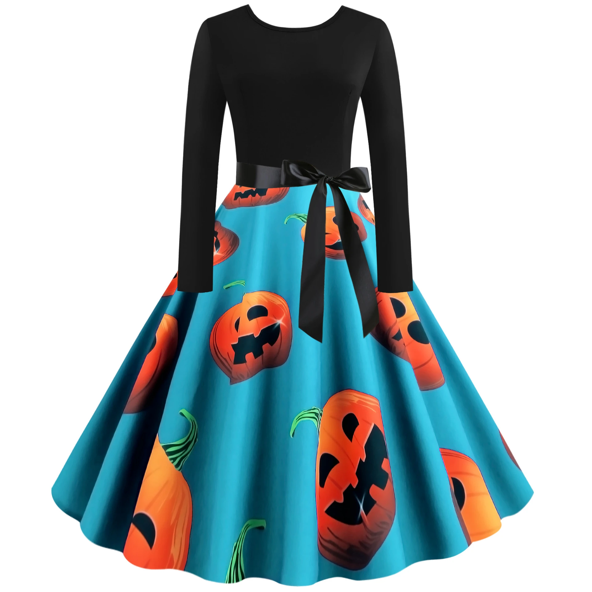 Women's Vintage Halloween Print Long Sleeve Fit and Flare Dress