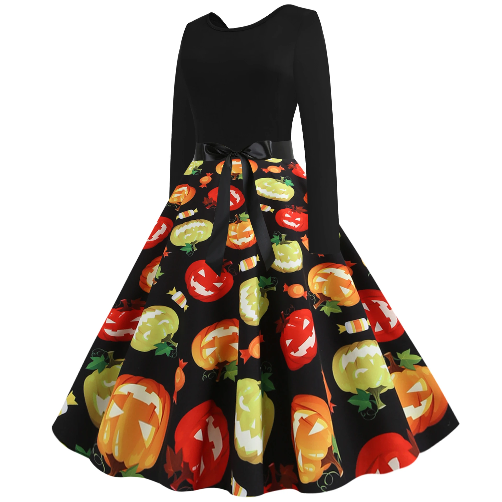 Women's Vintage Halloween Print Long Sleeve Fit and Flare Dress